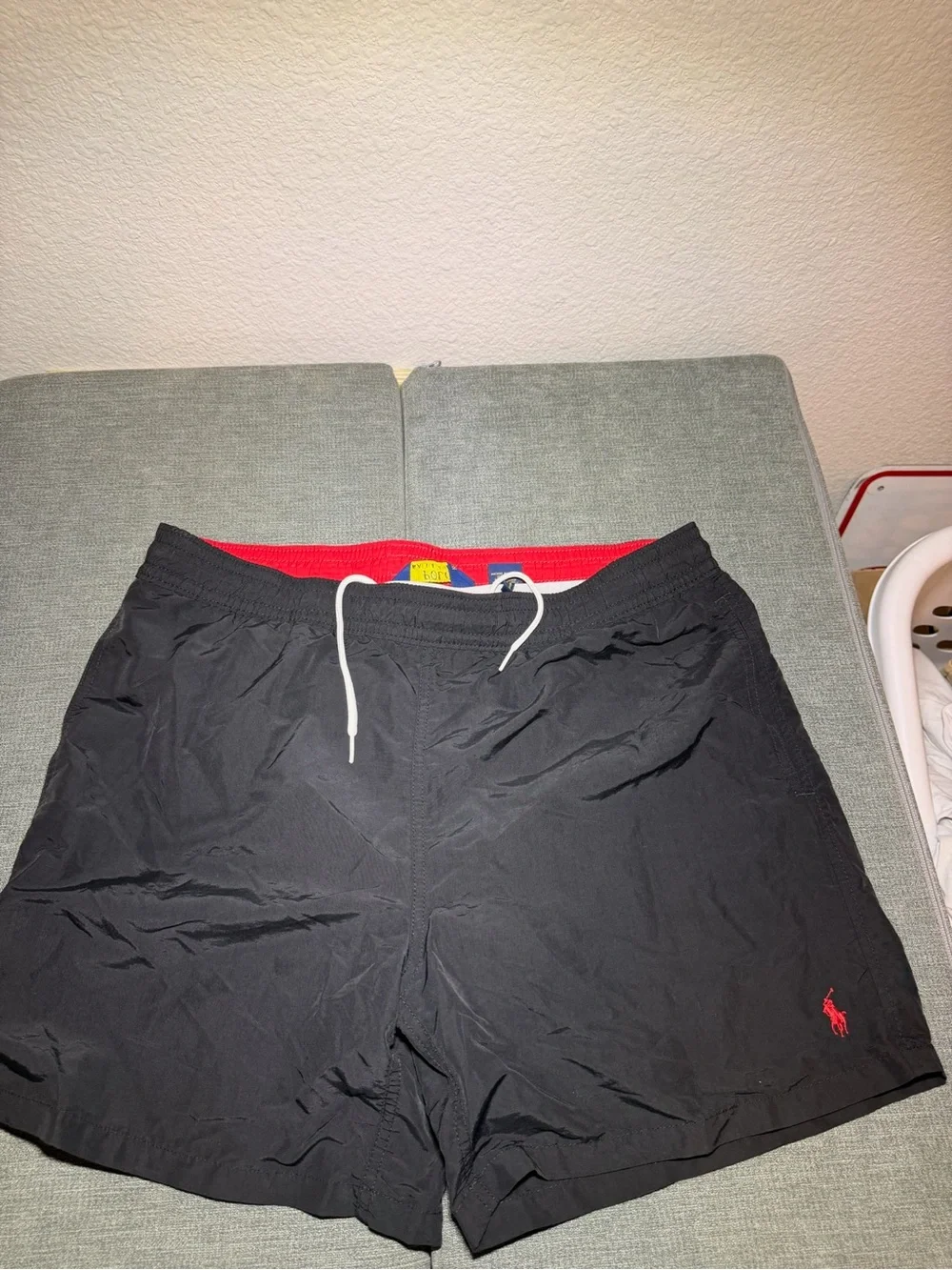 Polo by Ralph Lauren Men’s Swim Trunks - Red Waistband, Black Body